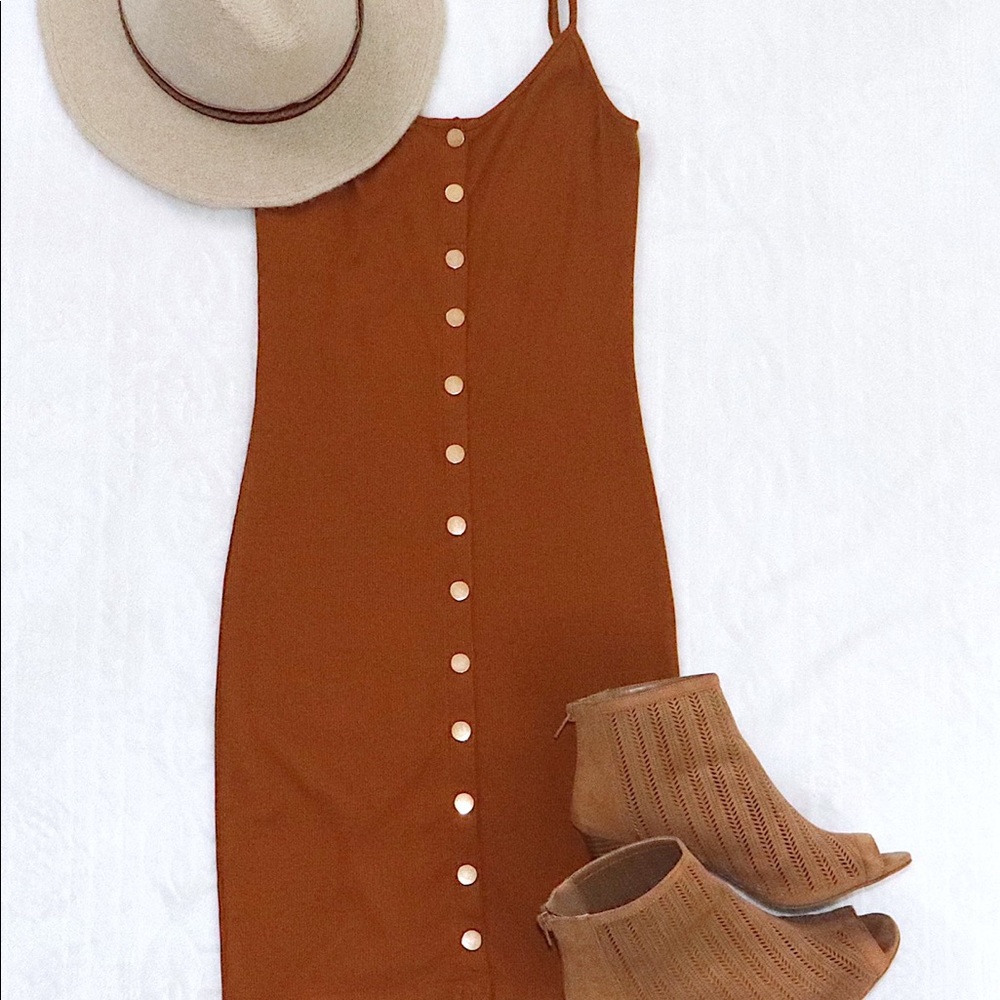 Tan Spaghetti Strap Button Dress - Picture 2 of 3